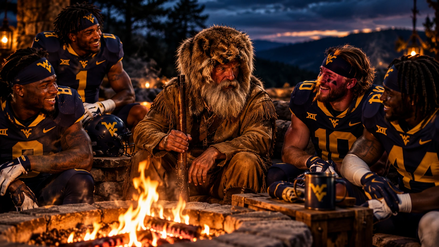 Mountaineer frontiersman and WVU football players relaxing around a fire pit