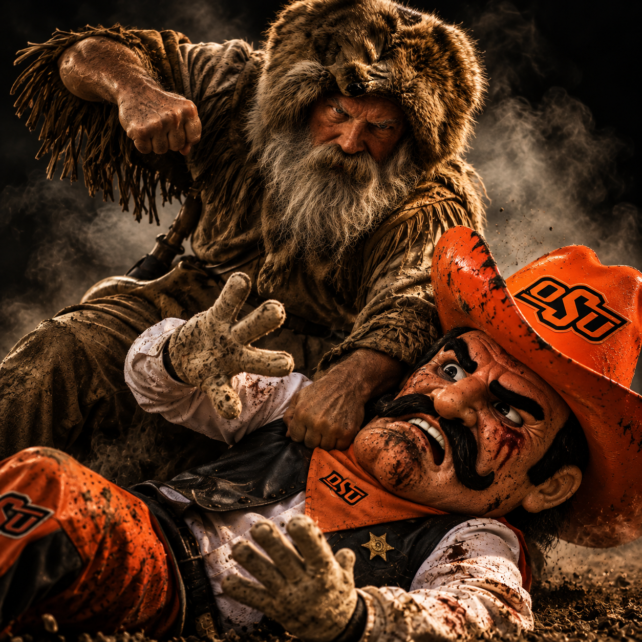 Mountain man overpowering the Oklahoma State cowboy mascot
